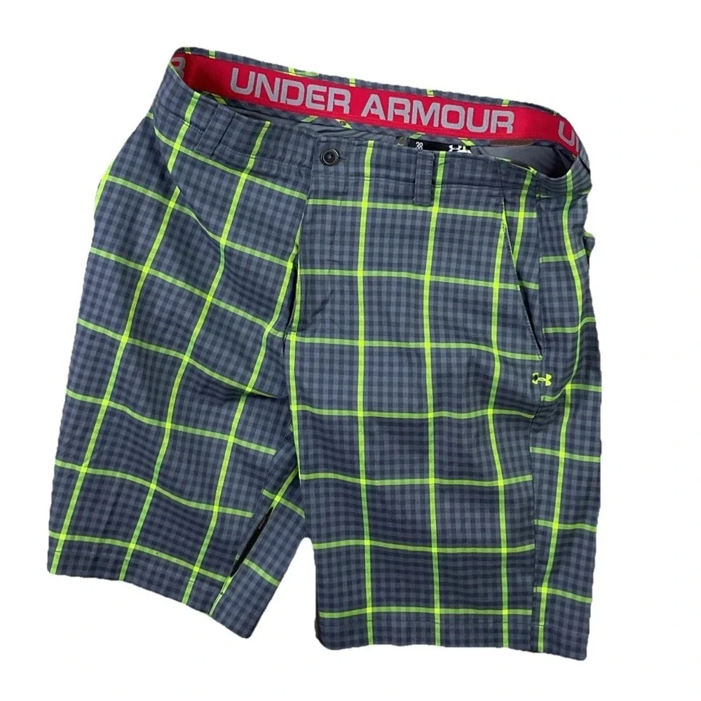 Under Armour Golf Shorts Men Sz 38 Gingham Plaid 11'' Flat Front Casual UA